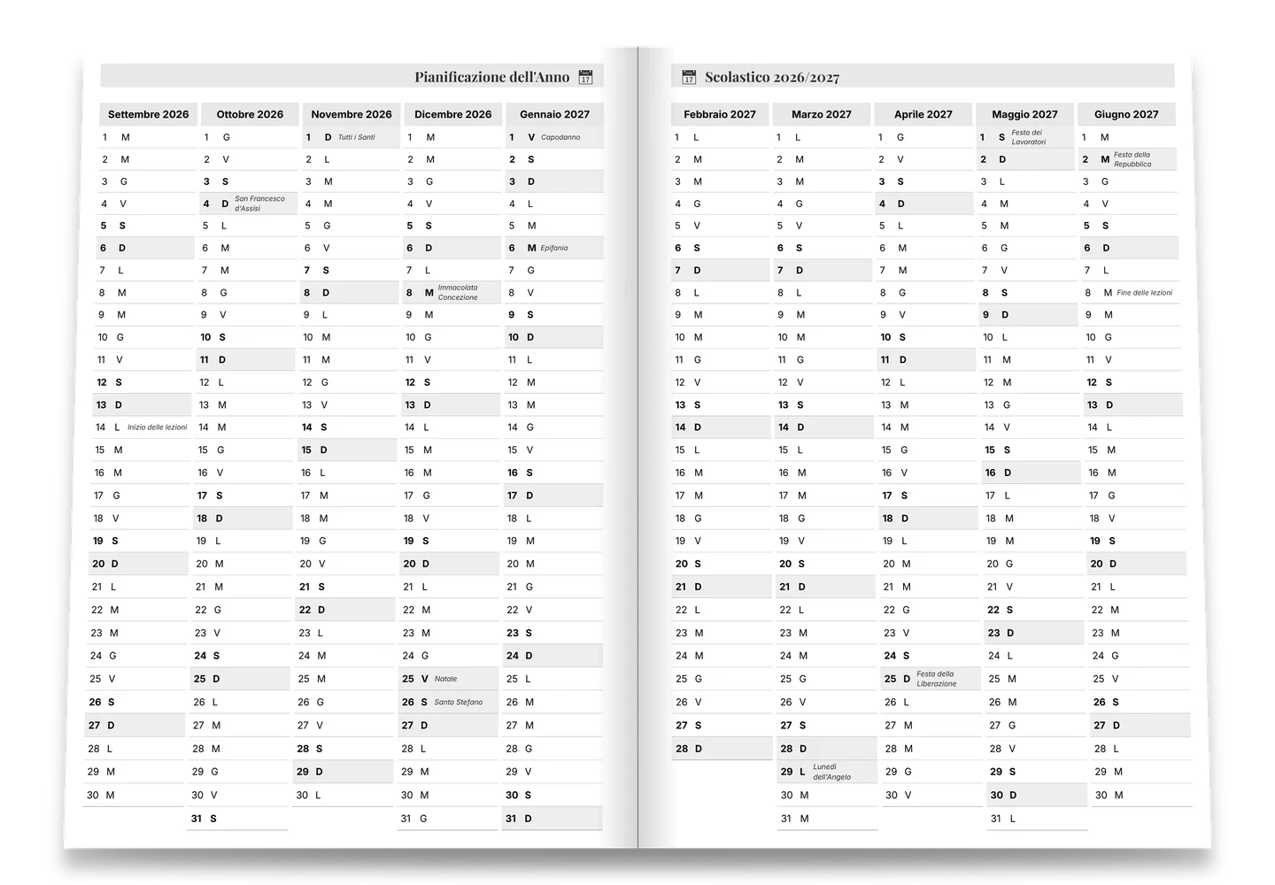 Vista annuale dell'anno scolastico su una doppia pagina